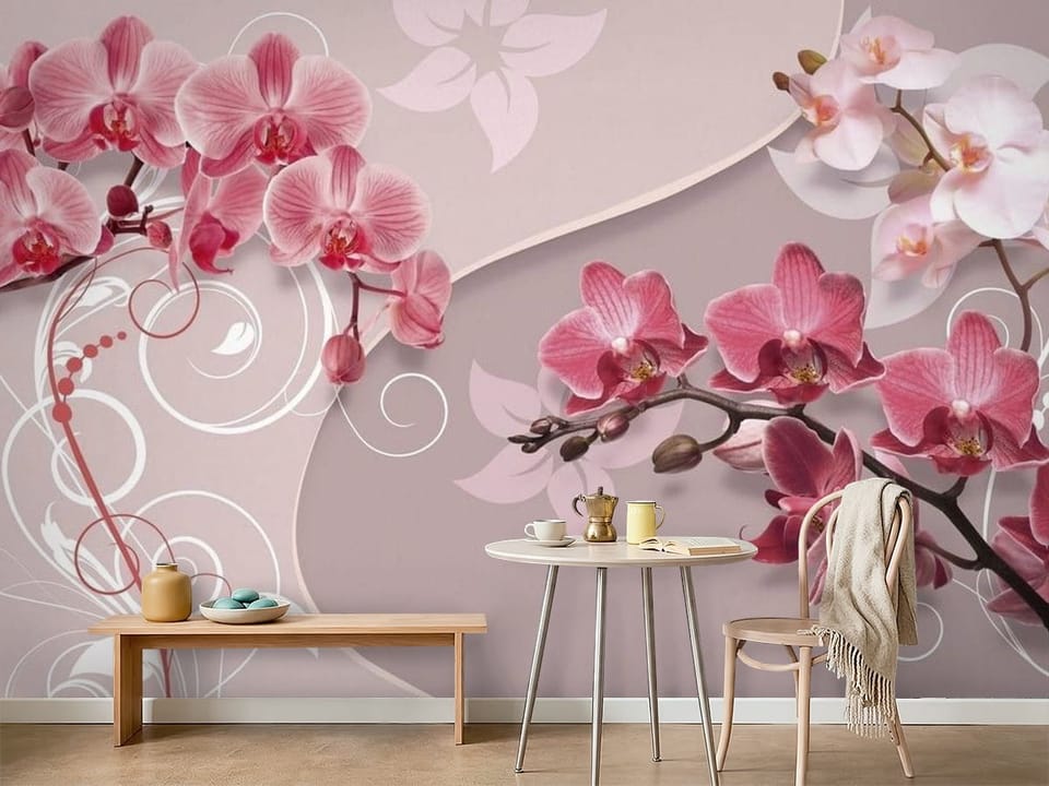 Fototapeta z różowymi orchideami na gałązkach i pastelowym tle - ściana w minimalistycznej kawiarni
