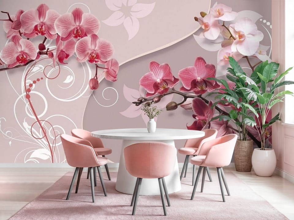 Fototapeta z różowymi orchideami na gałązkach i pastelowym tle - kuchnia w różowych kolorach