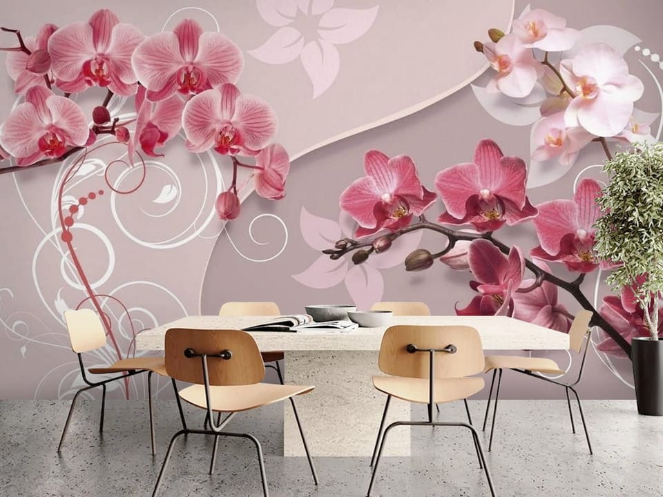 Fototapeta z różowymi orchideami na gałązkach i pastelowym tle - ściana przy stole w nowoczesnej kuchni