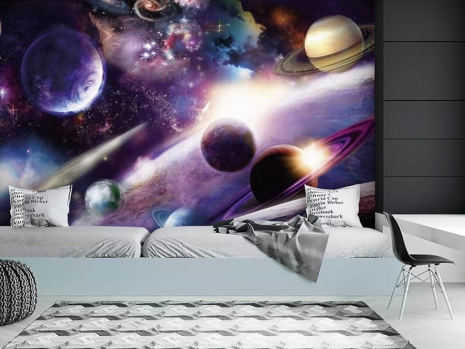 Fototapeta z planetami w przestrzeni kosmicznej, jasne gwiazdy i kolorowe mgławice - nowoczesne wnętrze w pokoju nastolatka