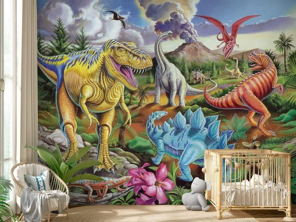 Fototapeta z tyranozaurem, wulkanem i różnymi dinozaurami - przytulny pokój dziecięcy