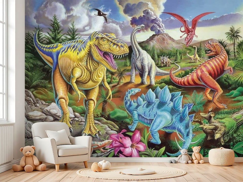 Fototapeta z tyranozaurem, wulkanem i różnymi dinozaurami - kreatywna przestrzeń do zabawy w pokoju dziecka