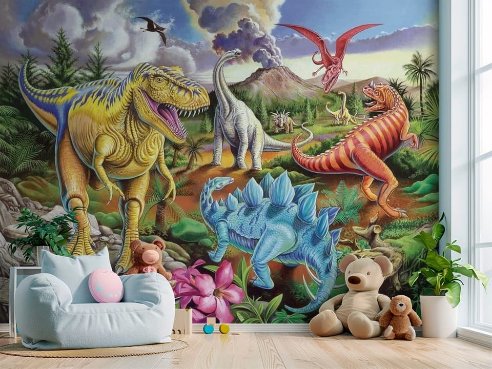 Fototapeta z tyranozaurem, wulkanem i różnymi dinozaurami - przytulny kącik do zabawy w pokoju dziecka