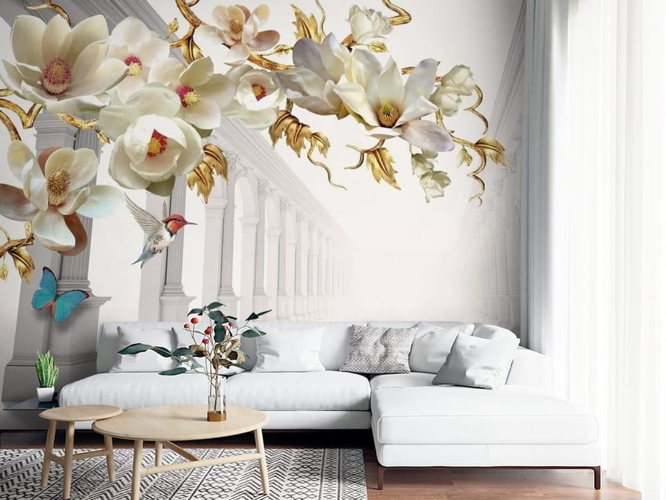 Fototapeta z magnoliami na złotych gałęziach i kolumnadą w tle - nowoczesna strefa chillout w salonie