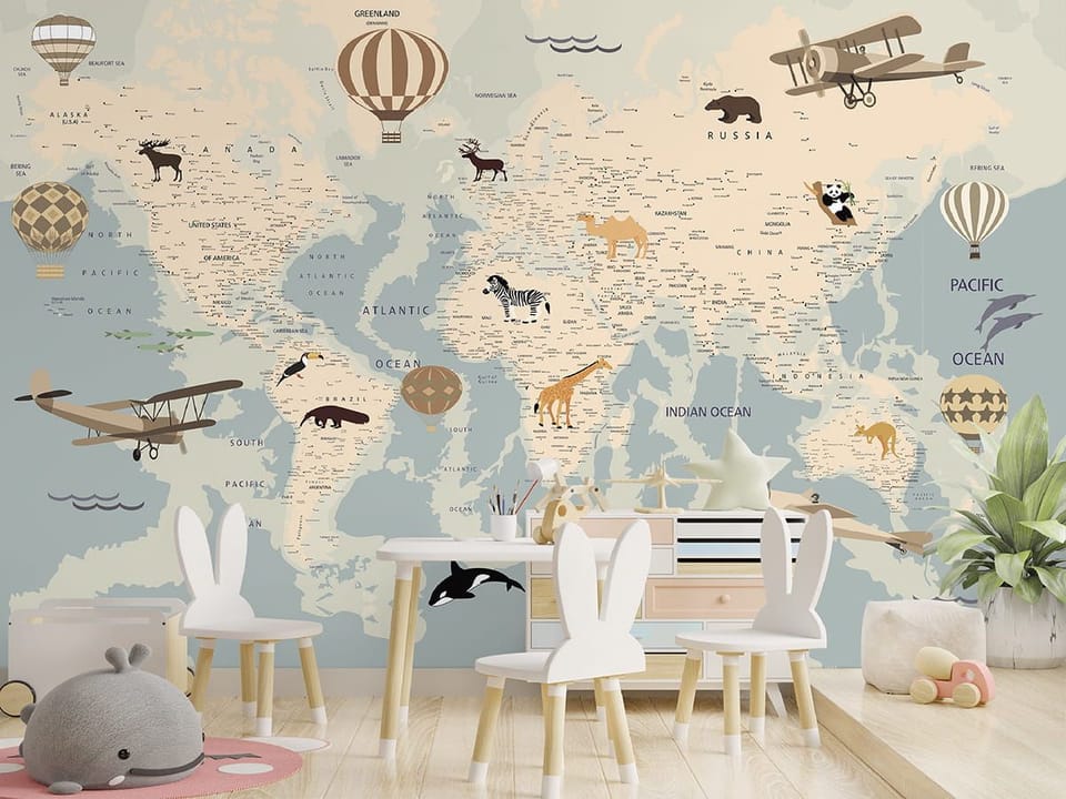 Fototapeta Mapa świata z ilustracjami zwierząt - aranżacja w pokoju dziecka
