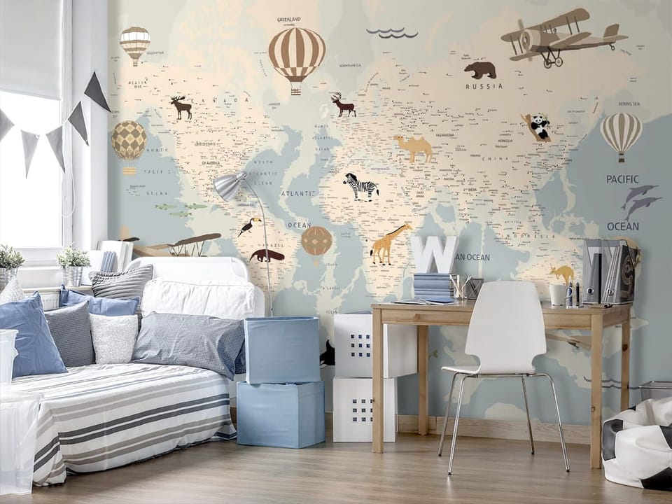 Fototapeta Mapa świata z ilustracjami zwierząt - aranżacja w pokoju nastolatka