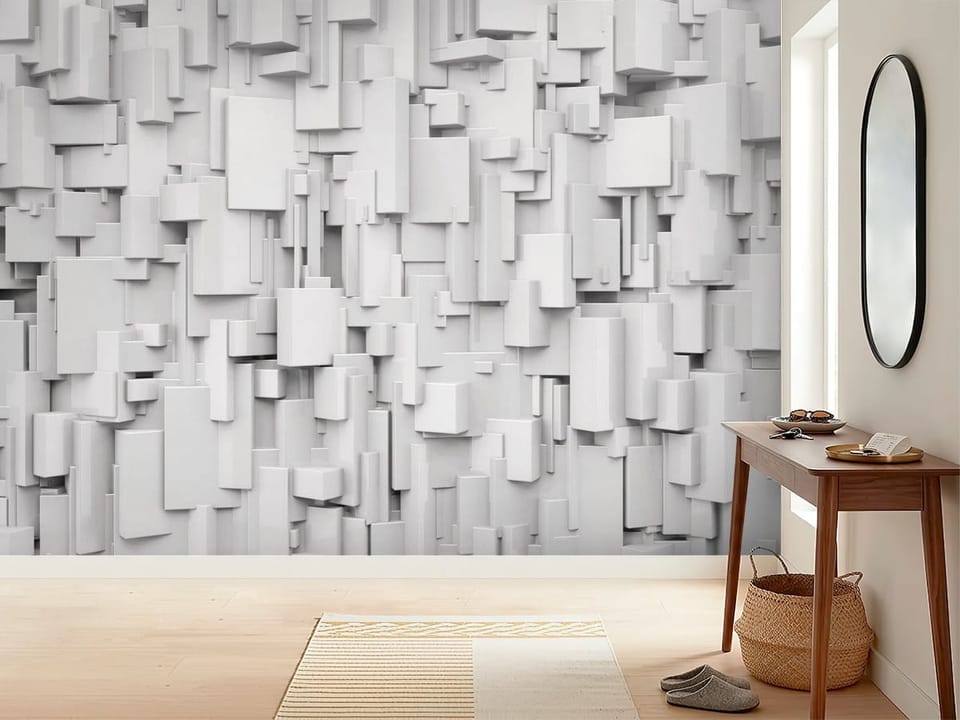 Fototapeta z trójwymiarowymi białymi prostokątami w geometrycznej kompozycji - inspiracji do minimalistycznego przedpokoju