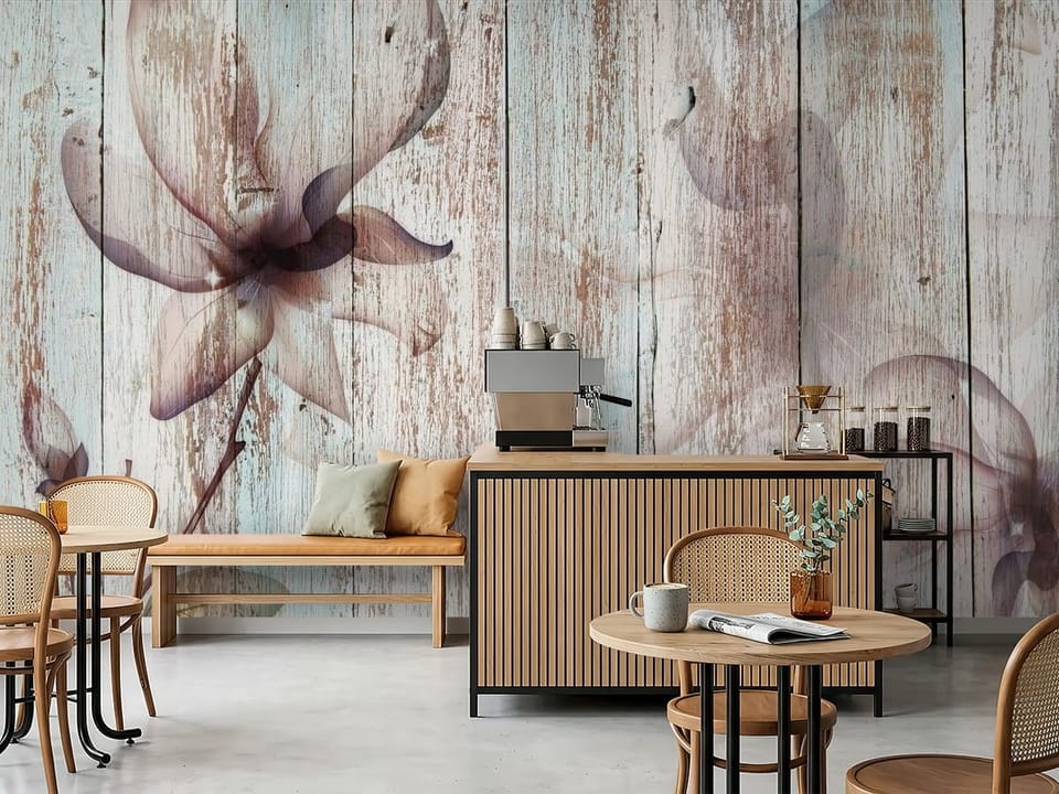 Fototapeta z dużym kwiatem magnolii na tle drewnianych desek - inspiracja do nowoczesnej kawiarni
