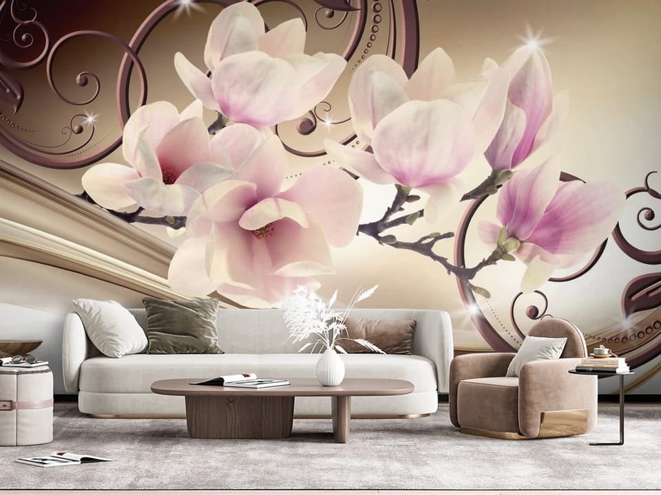Fototapeta z kwiatami magnolii na gałęzi i dekoracyjnymi wzorami - widok na ścianę za kanapą w salonie