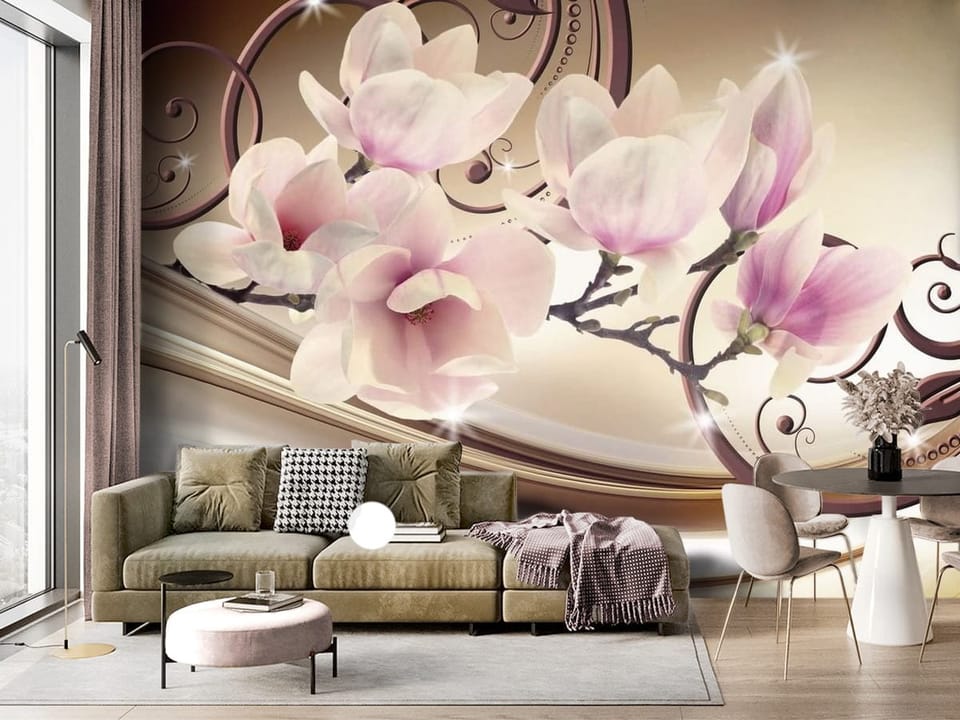 Fototapeta z kwiatami magnolii na gałęzi i dekoracyjnymi wzorami - ściana akcentowa w salonie z dużym oknem