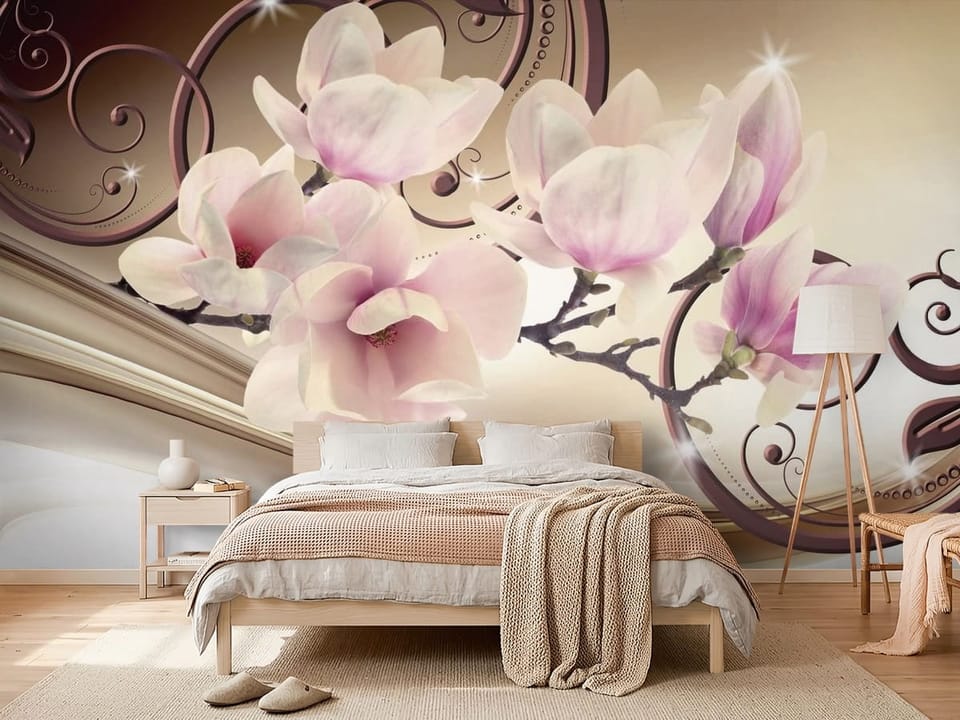 Fototapeta z kwiatami magnolii na gałęzi i dekoracyjnymi wzorami - nowoczesna aranżacja w sypialni