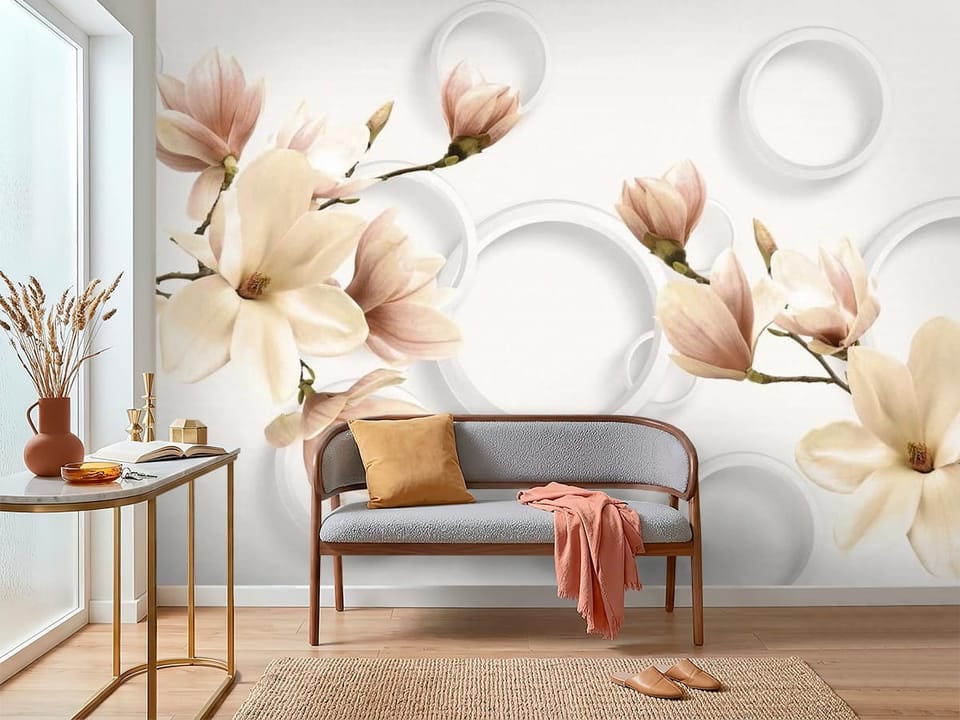 Fototapeta przedstawiająca kwiaty magnolii na gałęziach z białymi okręgami i jasnym różowym tłem - inspiracja do nowoczesnego przedpokoju