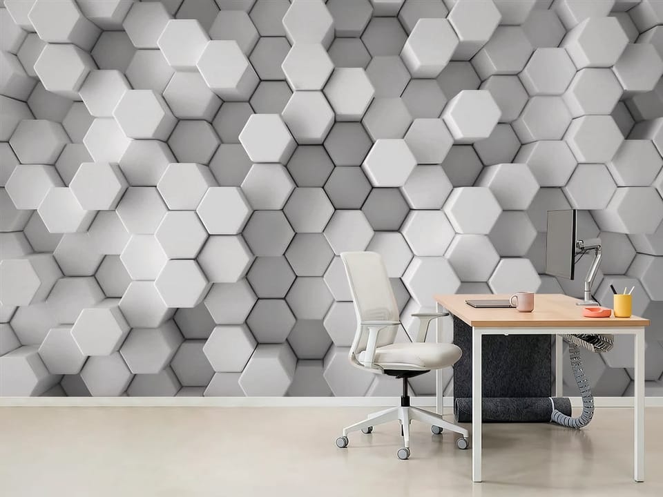 Fototapeta z trójwymiarową strukturą heksagonalną i geometrycznym wzorem - dekoracja ściany w minimalistycznym biurze