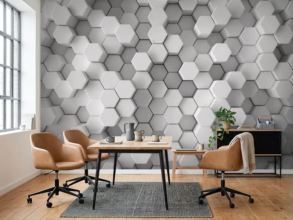 Fototapeta z trójwymiarową strukturą heksagonalną i geometrycznym wzorem - inspiracja do biura w ciepłych kolorach