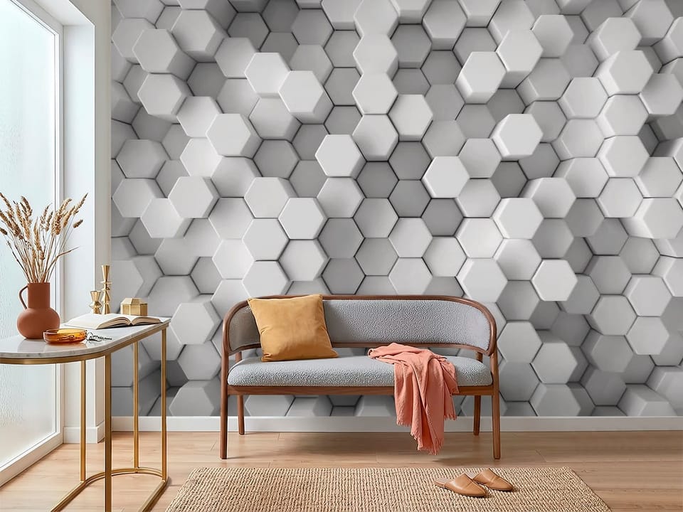Fototapeta z trójwymiarową strukturą heksagonalną i geometrycznym wzorem - inspiracja do nowoczesnego przedpokoju