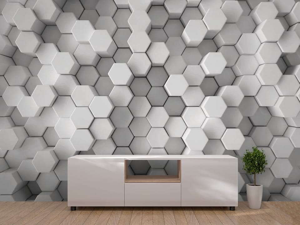 Fototapeta z trójwymiarową strukturą heksagonalną i geometrycznym wzorem - pomysłowe wykończenie ściany w korytarzu