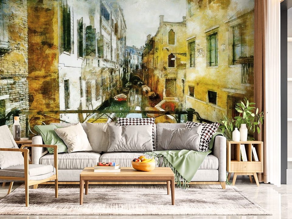 Fototapeta Kanał z łodziami i kamienicami we wnętrzu salonu