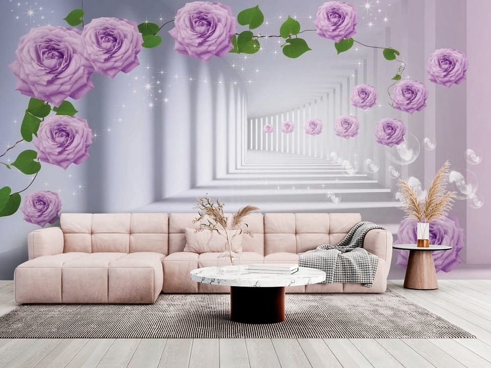 Fototapeta z fioletowymi różami i białym korytarzem w tle - salon w jasnych kolorach