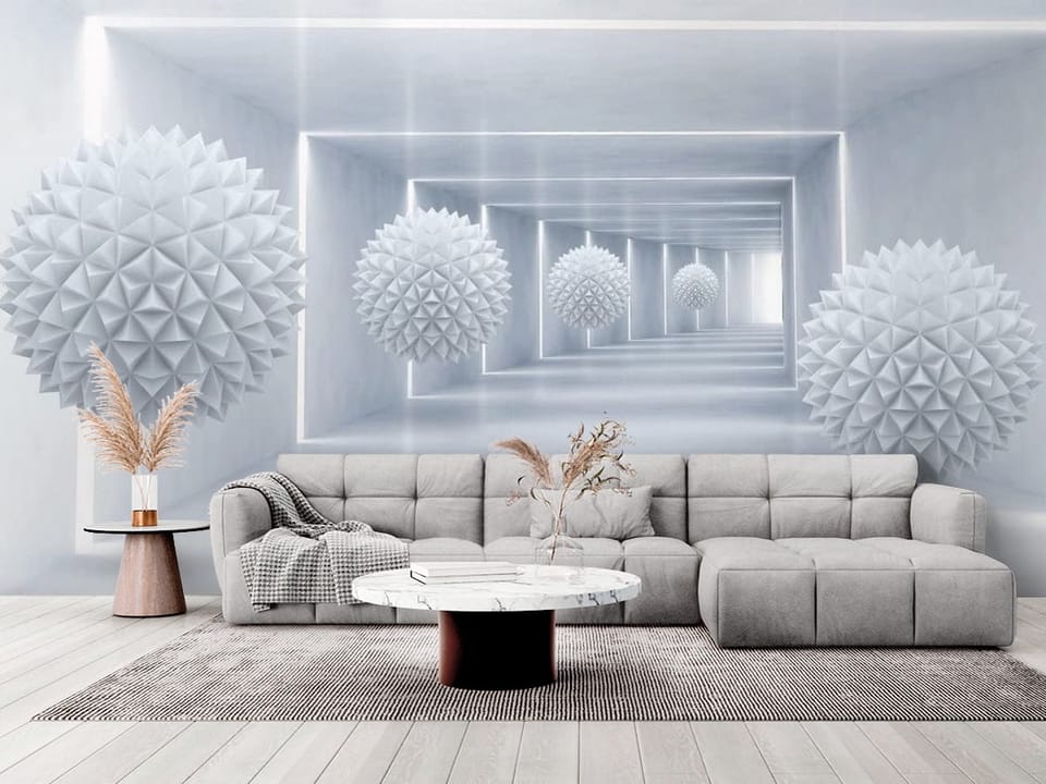 Fototapeta z geometrycznymi białymi kulami w perspektywicznym tunelu - elegancki salon w stylu minimalistycznym