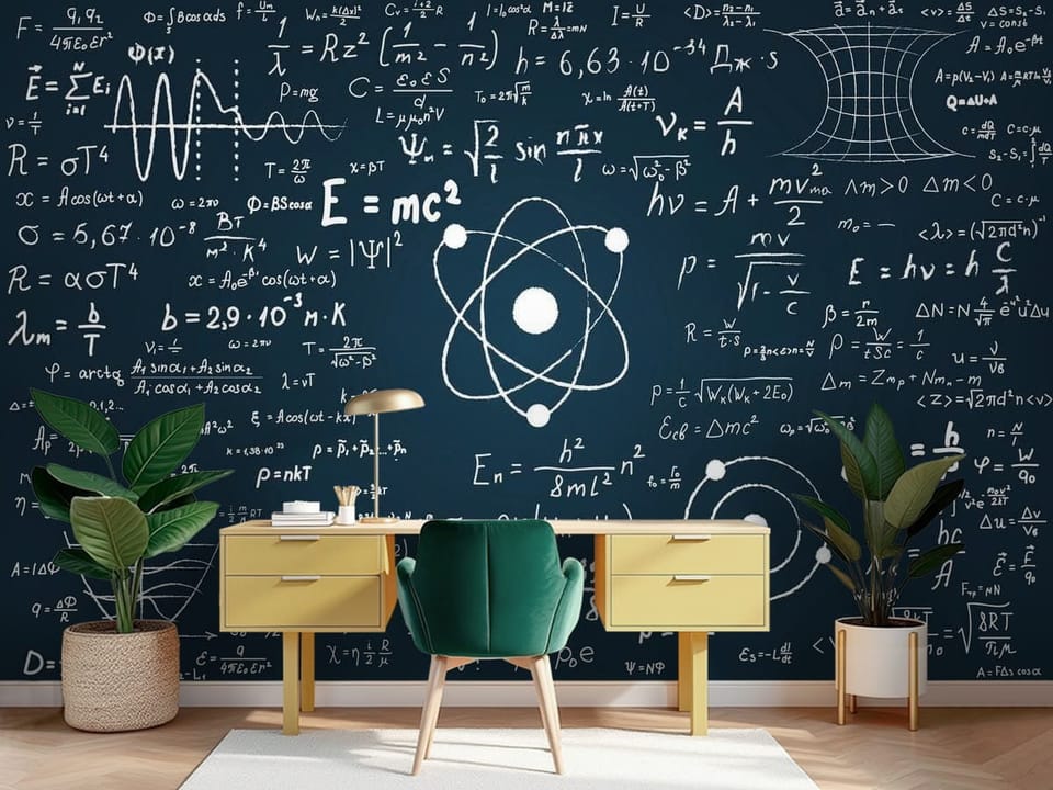 Fototapeta z atomem w centrum i wzorami matematycznymi na ciemnoniebieskim tle - piękna ściana za biurkiem w pokoju nastolatka