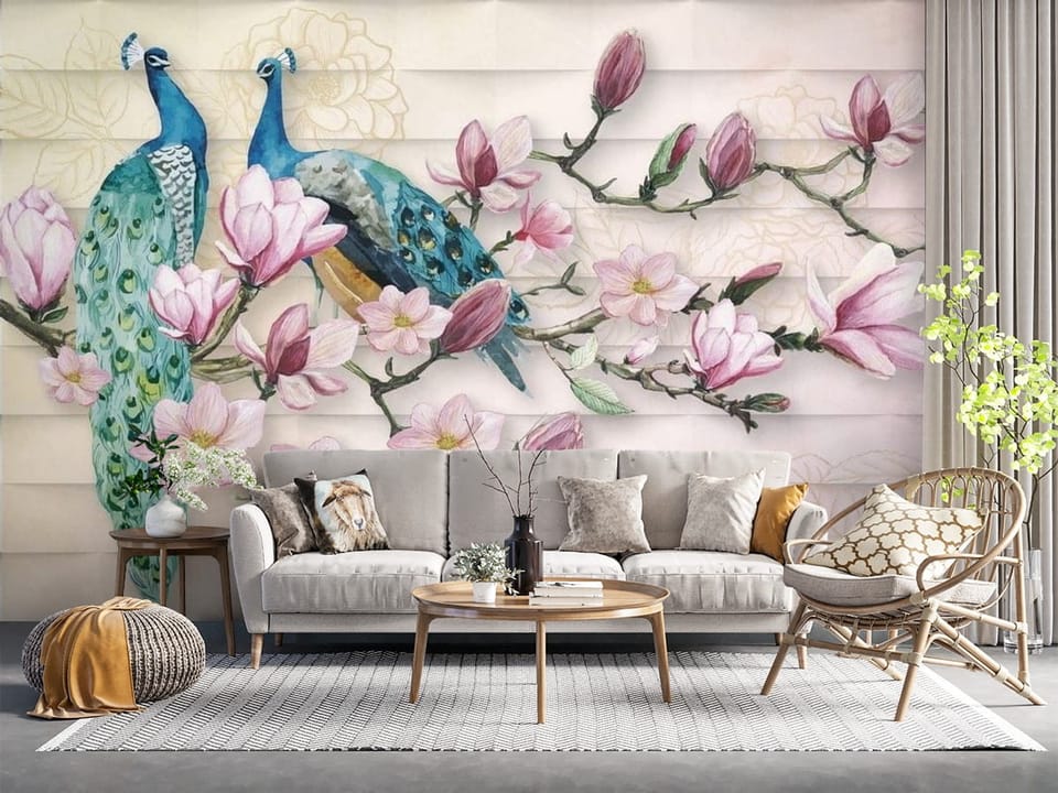 Fototapeta z dwoma pawiami na gałęzi magnolii w pastelowych kolorach - salon z naturalnymi dodatkami