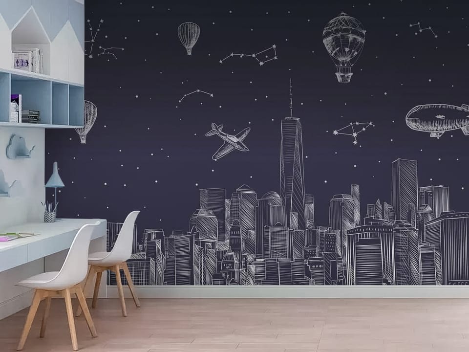 Fototapeta z panoramą miasta nocą, wysokie budynki i gwiazdy - nowoczesne wnętrze w pokoju dziecięcym