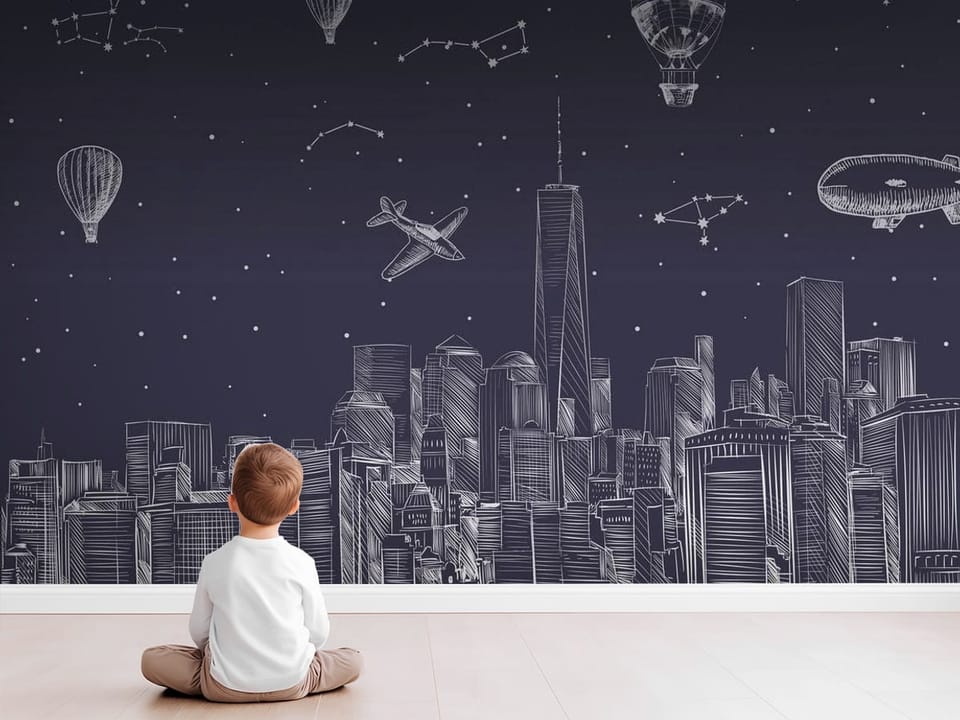 Fototapeta z panoramą miasta nocą, wysokie budynki i gwiazdy - nowoczesny pokój dziecięcy z modnym akcentem