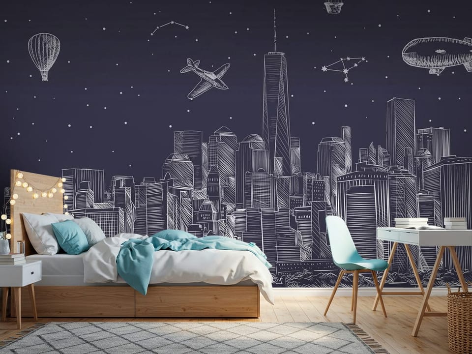 Fototapeta z panoramą miasta nocą, wysokie budynki i gwiazdy - jasny pokój nastolatka