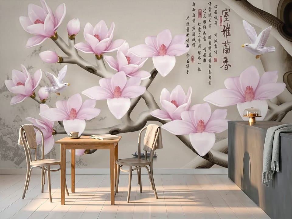 Fototapeta z gałęzią drzewa i kwiatami magnolii na jasnym tle z chińskimi znakami. - widok na ścianę w minimalistycznej kawiarni