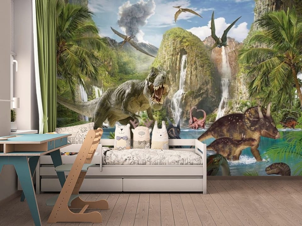 Fototapeta z dinozaurami nad błękitnym jeziorem w otoczeniu dżungli i wodospadów. - aranżacja wnętrza w pokoju dziecięcym