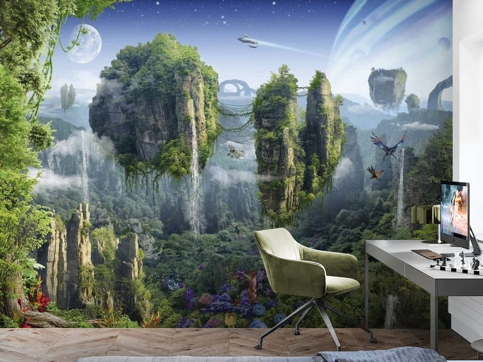 Fototapeta z latającymi wyspami, wodospadami i planetą z pierścieniami - aranżacja w minimalistycznym pokoju nastolatka