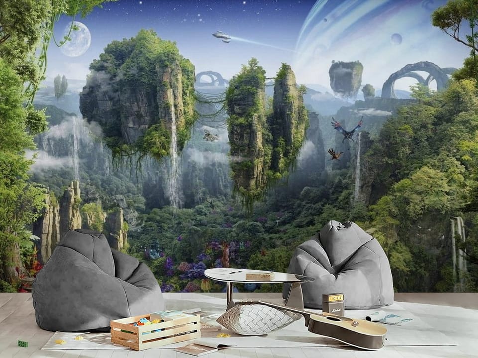 Fototapeta z latającymi wyspami, wodospadami i planetą z pierścieniami - inspiracja do pokoju nastolatka