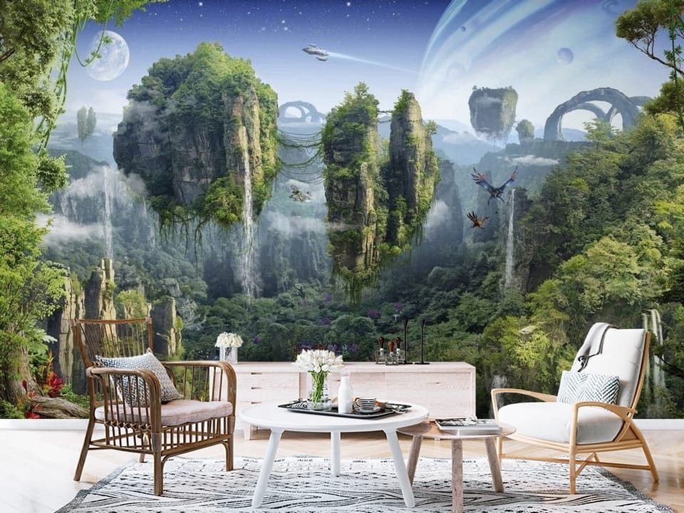 Fototapeta z latającymi wyspami, wodospadami i planetą z pierścieniami - aranżacja przedpokoju w stylu skandynawskim