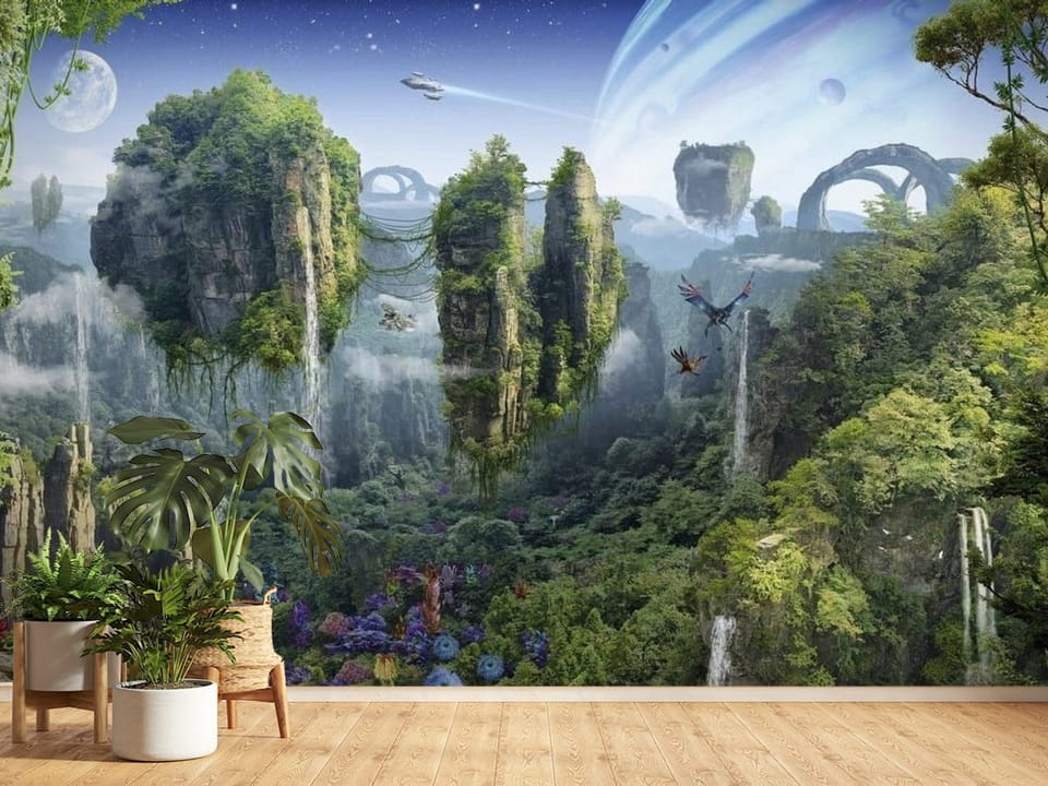 Fototapeta z latającymi wyspami, wodospadami i planetą z pierścieniami - ściana w jasnym przedpokoju