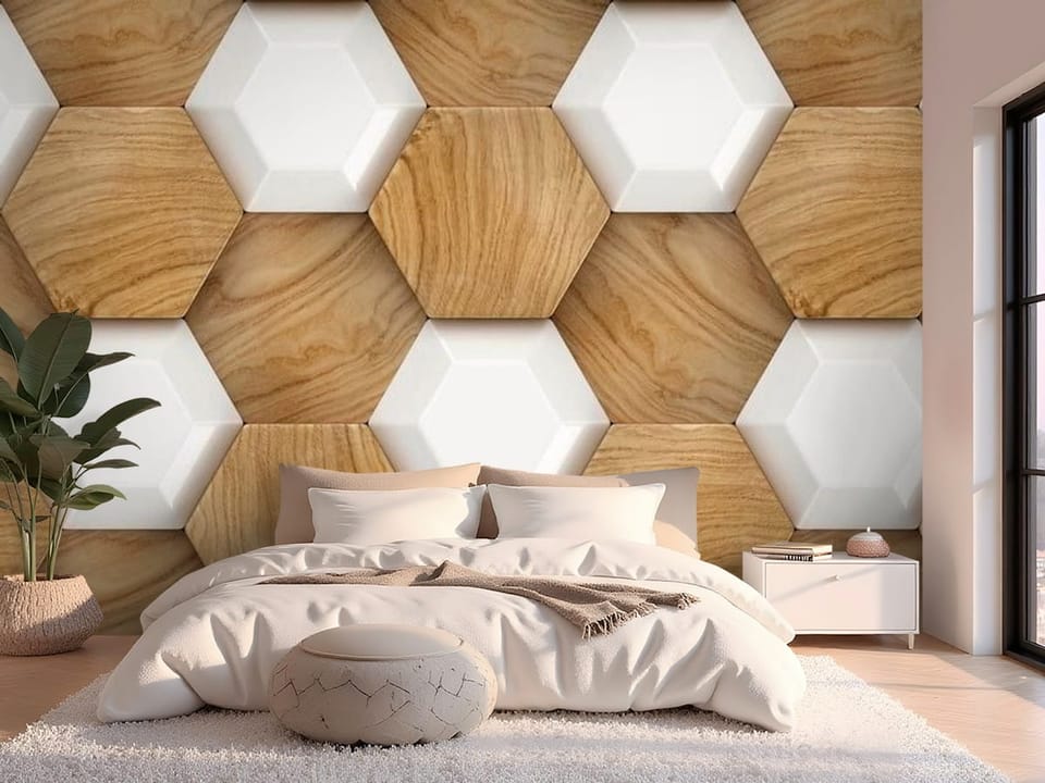 Fototapeta z drewnianymi i białymi heksagonami, geometryczny wzór - ściana w nowoczesnej sypialni