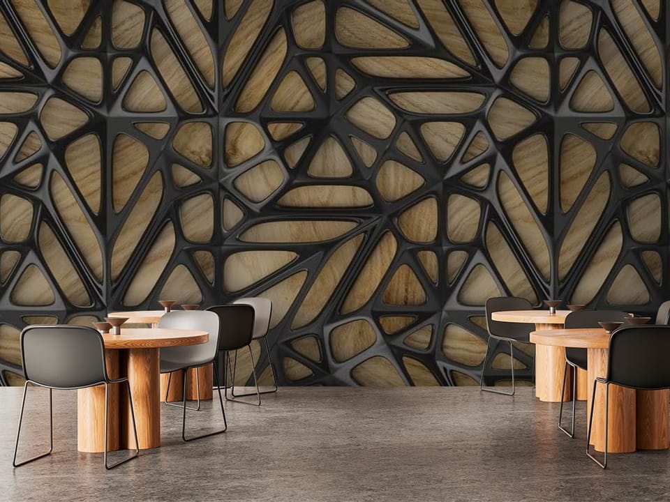 Fototapeta z geometrycznym wzorem czarnych linii na drewnianym tle - aranżacja w przytulnej kawiarni