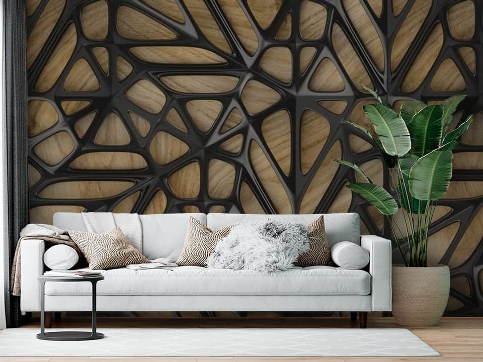 Fototapeta z geometrycznym wzorem czarnych linii na drewnianym tle - aranżacja ściany w salonie