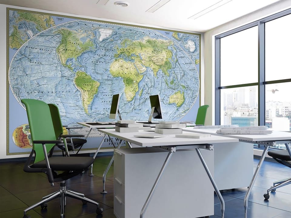 Fototapeta Mapa świata z kontynentami i oceanami we wnętrzu biura