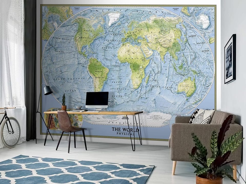 Fototapeta Mapa świata z kontynentami i oceanami we wnętrzu pokoju nastolatka