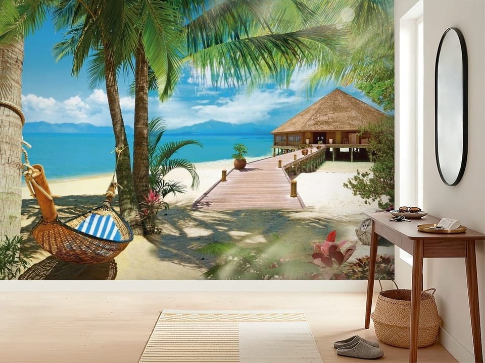 Fototapeta przedstawiająca plażę z palmami, błękitne morze i domek na palach - inspiracji do minimalistycznego przedpokoju