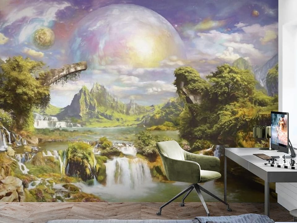 Fototapeta z dużymi wodospadami, górami i planetami na niebie - aranżacja w minimalistycznym pokoju nastolatka