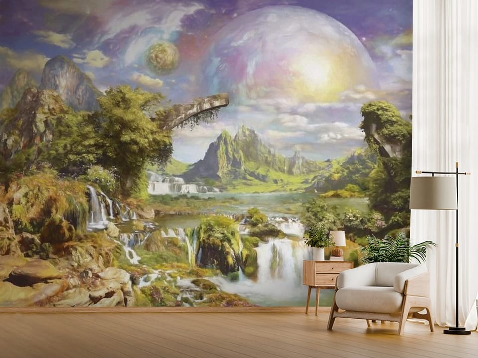 Fototapeta z dużymi wodospadami, górami i planetami na niebie - jasny przedpokój w stylu minimalistycznym