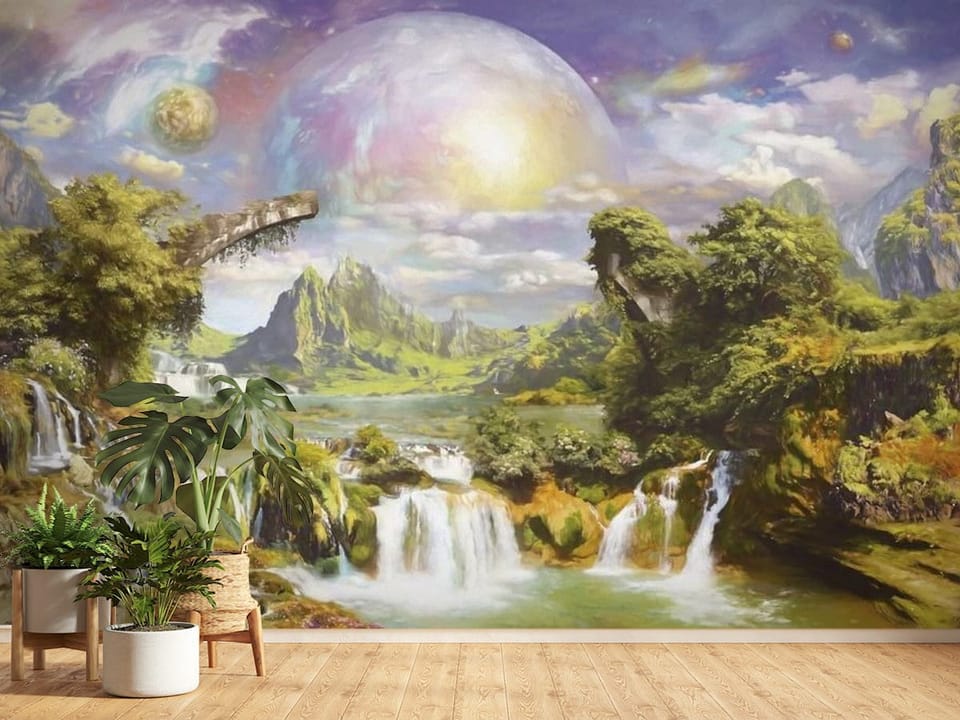 Fototapeta z dużymi wodospadami, górami i planetami na niebie - ściana w jasnym przedpokoju