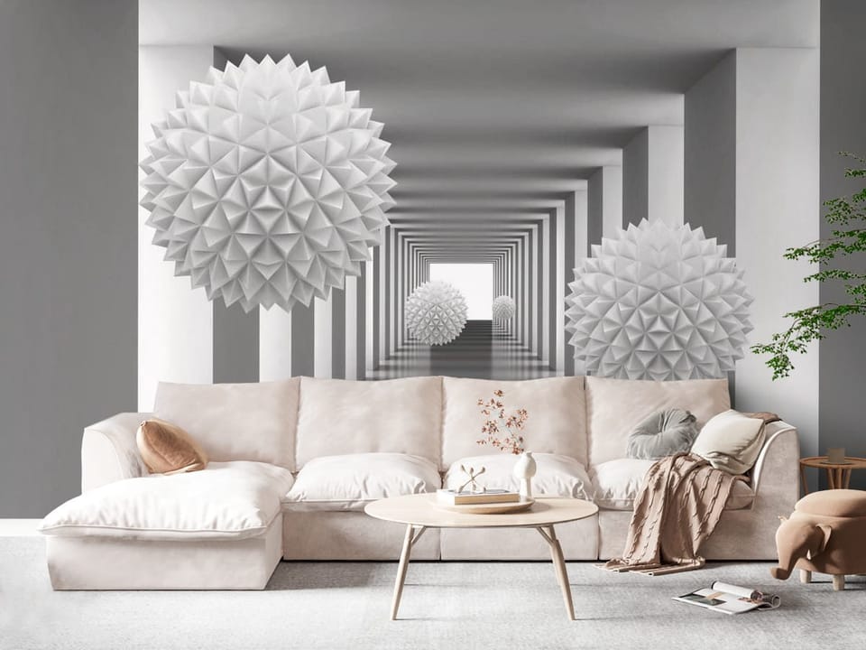 Fototapeta z białymi geometrycznymi kulami w symetrycznym korytarzu - widok na ścianę w eleganckim salonie