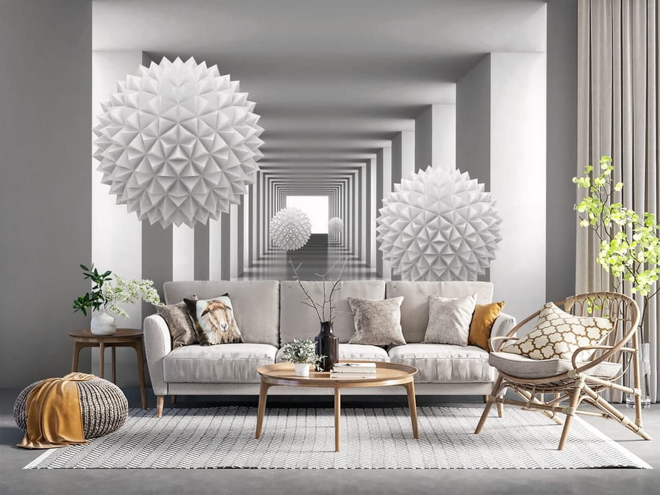 Fototapeta z białymi geometrycznymi kulami w symetrycznym korytarzu - salon z naturalnymi dodatkami