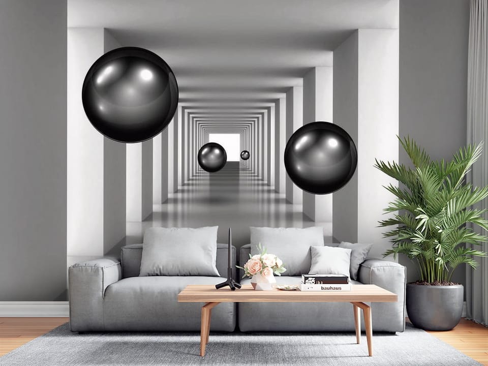 Fototapeta z czarnymi kulami w białym korytarzu o geometrycznych ścianach - salon z tradycyjnymi meblami w jasnych kolorach