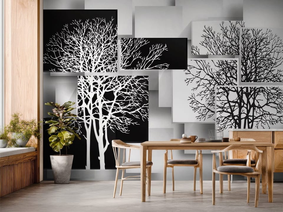 Fototapeta z czarno-białymi drzewami na geometrycznych kwadratach - inspiracja do strefy jadalnianej w kuchni