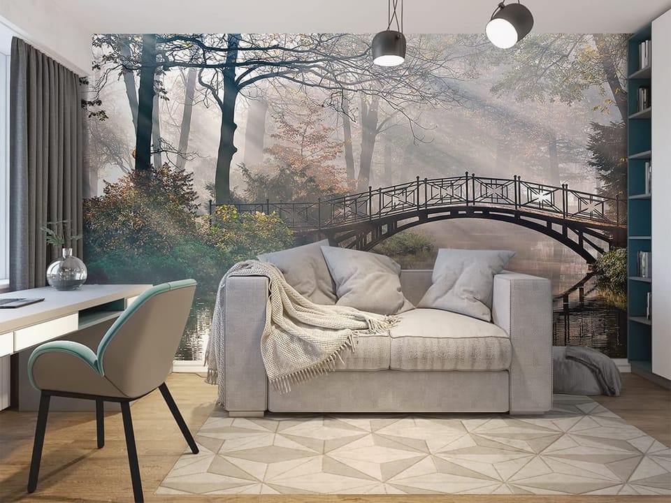 Fototapeta Mostek nad spokojną wodą we wnętrzu pokoju nastolatka