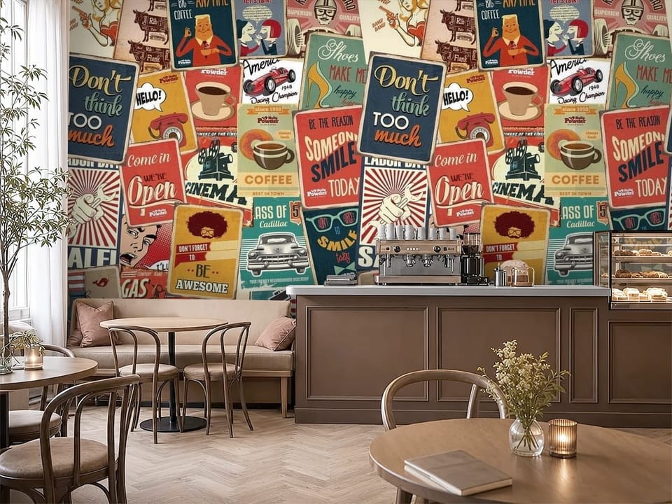 Fototapeta z kolorowymi plakatami retro i vintage napisami - aranżacja kawiarni w brązowych kolorach