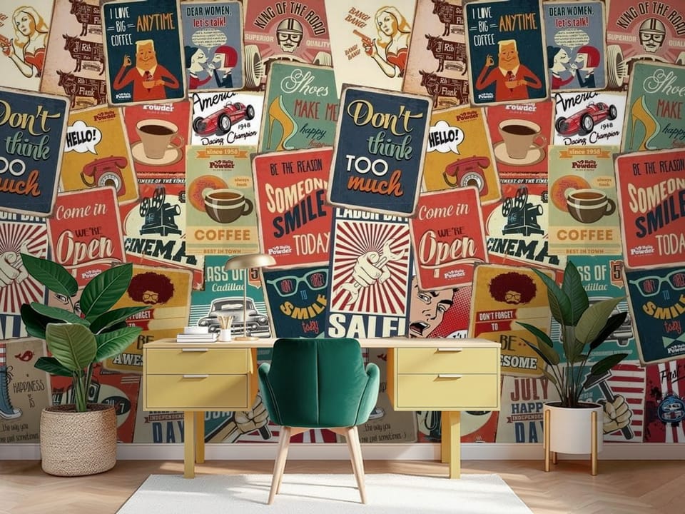 Fototapeta z kolorowymi plakatami retro i vintage napisami - piękna ściana za biurkiem w pokoju nastolatka